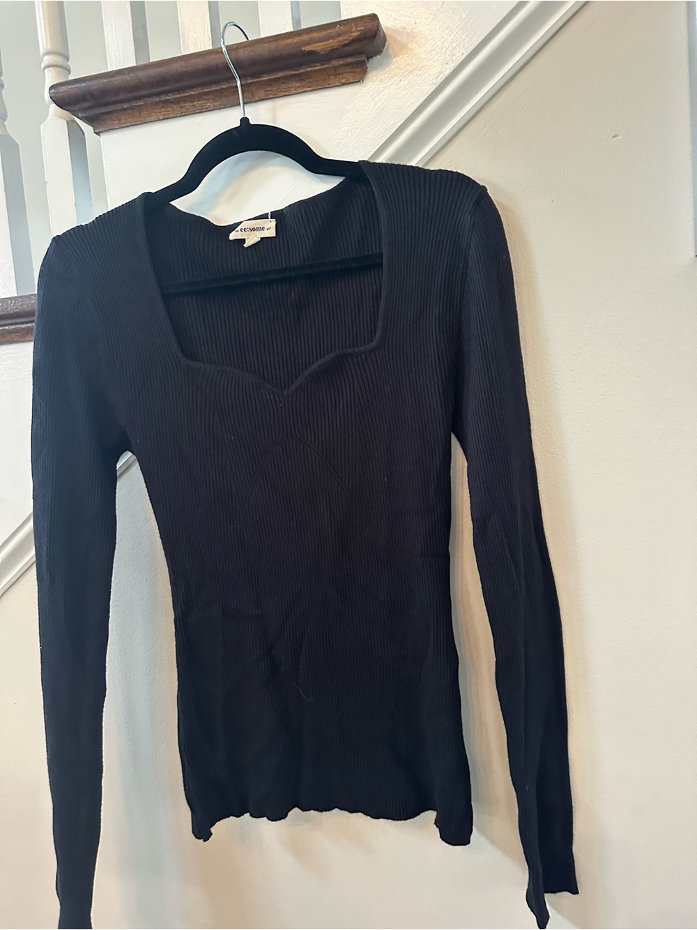 Unknown Brand Black Ribbed Long-Sleeve Square Neck Top